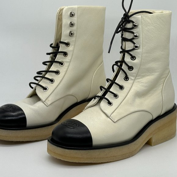 CHANEL 22A Grained Shimmer Leather Lace Up Combat Biker Hiking Ankle Boots - Picture 8 of 16